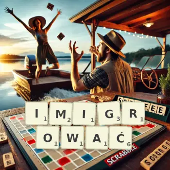 Kreatywna ilustracja do gry w Scrabble ze słowem IMIGROWAĆ ułożonym z płytek na planszy.