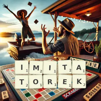 Kreatywna ilustracja do gry w Scrabble ze słowem IMITATOREK ułożonym z płytek na planszy.