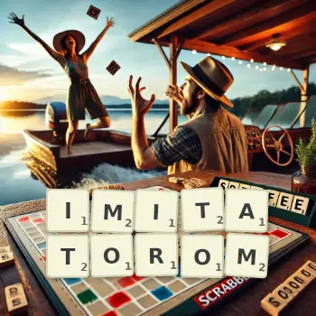 Kreatywna ilustracja do gry w Scrabble ze słowem IMITATOROM ułożonym z płytek na planszy.