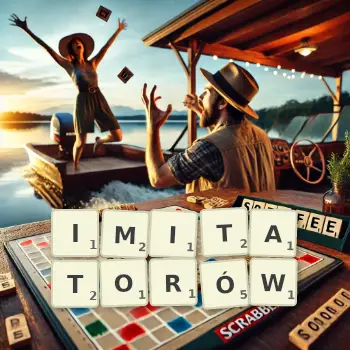 Kreatywna ilustracja do gry w Scrabble ze słowem IMITATORÓW ułożonym z płytek na planszy.