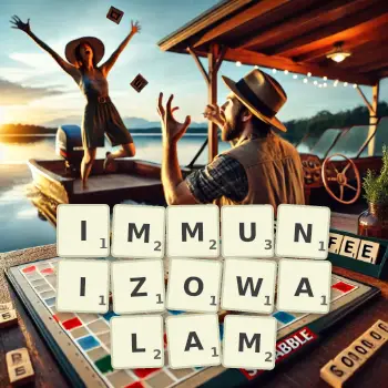 Kreatywna ilustracja do gry w Scrabble ze słowem IMMUNIZOWALAM ułożonym z płytek na planszy.
