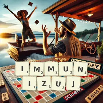 Kreatywna ilustracja do gry w Scrabble ze słowem IMMUNIZUJ ułożonym z płytek na planszy.