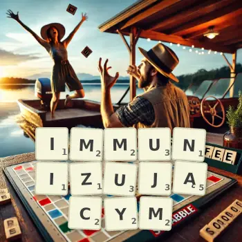 Kreatywna ilustracja do gry w Scrabble ze słowem IMMUNIZUJĄCYM ułożonym z płytek na planszy.