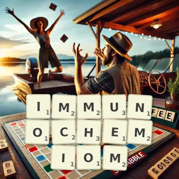 Kreatywna ilustracja do gry w Scrabble ze słowem IMMUNOCHEMIOM ułożonym z płytek na planszy.