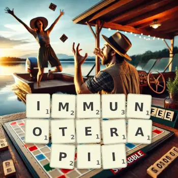 Kreatywna ilustracja do gry w Scrabble ze słowem IMMUNOTERAPII ułożonym z płytek na planszy.