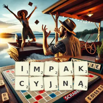 Kreatywna ilustracja do gry w Scrabble ze słowem IMPAKCYJNĄ ułożonym z płytek na planszy.