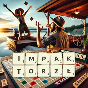 Kreatywna ilustracja do gry w Scrabble ze słowem IMPAKTORZE ułożonym z płytek na planszy.