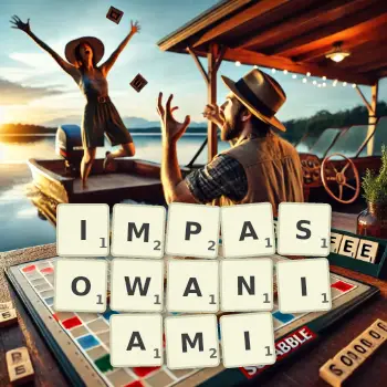 Kreatywna ilustracja do gry w Scrabble ze słowem IMPASOWANIAMI ułożonym z płytek na planszy.