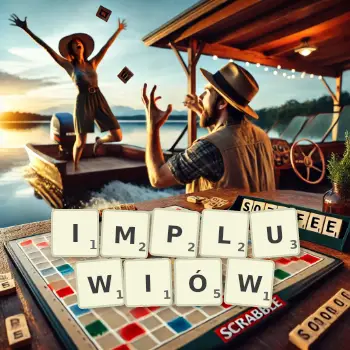 Kreatywna ilustracja do gry w Scrabble ze słowem IMPLUWIÓW ułożonym z płytek na planszy.