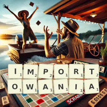 Kreatywna ilustracja do gry w Scrabble ze słowem IMPORTOWANIA ułożonym z płytek na planszy.
