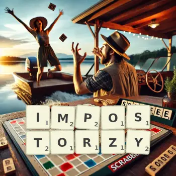 Kreatywna ilustracja do gry w Scrabble ze słowem IMPOSTORZY ułożonym z płytek na planszy.