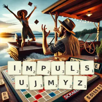Kreatywna ilustracja do gry w Scrabble ze słowem IMPULSUJMYZ ułożonym z płytek na planszy.