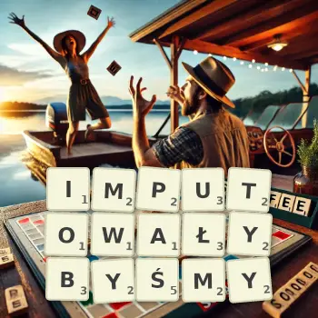 Kreatywna ilustracja do gry w Scrabble ze słowem IMPUTOWAŁYBYŚMY ułożonym z płytek na planszy.