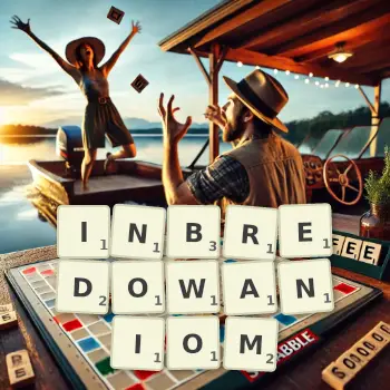 Kreatywna ilustracja do gry w Scrabble ze słowem INBREDOWANIOM ułożonym z płytek na planszy.