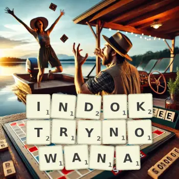 Kreatywna ilustracja do gry w Scrabble ze słowem INDOKTRYNOWANA ułożonym z płytek na planszy.