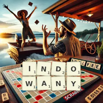 Kreatywna ilustracja do gry w Scrabble ze słowem INDOWANY ułożonym z płytek na planszy.