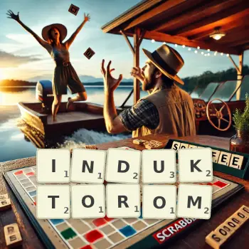 Kreatywna ilustracja do gry w Scrabble ze słowem INDUKTOROM ułożonym z płytek na planszy.