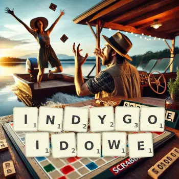 Kreatywna ilustracja do gry w Scrabble ze słowem INDYGOIDOWE ułożonym z płytek na planszy.