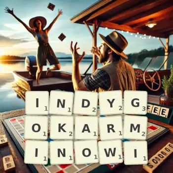 Kreatywna ilustracja do gry w Scrabble ze słowem INDYGOKARMINOWI ułożonym z płytek na planszy.