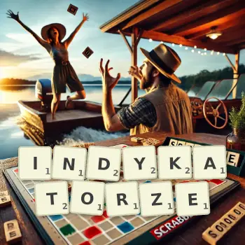 Kreatywna ilustracja do gry w Scrabble ze słowem INDYKATORZE ułożonym z płytek na planszy.