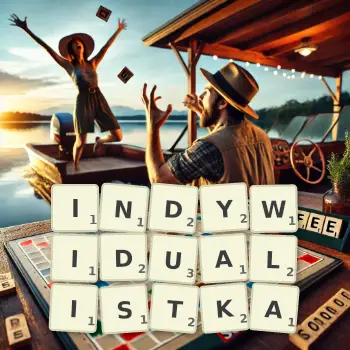 Kreatywna ilustracja do gry w Scrabble ze słowem INDYWIDUALISTKA ułożonym z płytek na planszy.