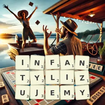 Kreatywna ilustracja do gry w Scrabble ze słowem INFANTYLIZUJEMY ułożonym z płytek na planszy.