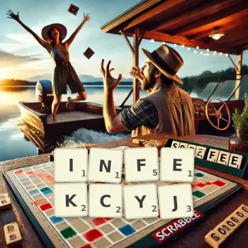 Kreatywna ilustracja do gry w Scrabble ze słowem INFEKCYJ ułożonym z płytek na planszy.
