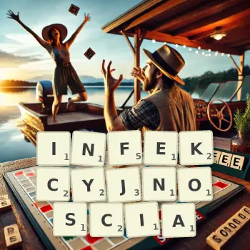Kreatywna ilustracja do gry w Scrabble ze słowem INFEKCYJNOSCIA ułożonym z płytek na planszy.
