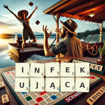 Kreatywna ilustracja do gry w Scrabble ze słowem INFEKUJĄCA ułożonym z płytek na planszy.