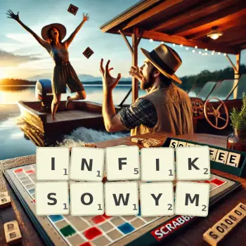 Kreatywna ilustracja do gry w Scrabble ze słowem INFIKSOWYM ułożonym z płytek na planszy.