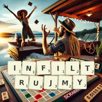 Kreatywna ilustracja do gry w Scrabble ze słowem INFILTRUJMY ułożonym z płytek na planszy.