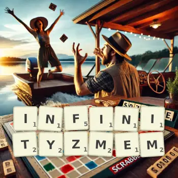 Kreatywna ilustracja do gry w Scrabble ze słowem INFINITYZMEM ułożonym z płytek na planszy.