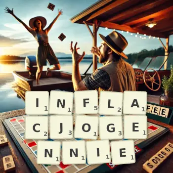 Kreatywna ilustracja do gry w Scrabble ze słowem INFLACJOGENNIE ułożonym z płytek na planszy.