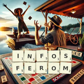Kreatywna ilustracja do gry w Scrabble ze słowem INFOSFEROM ułożonym z płytek na planszy.