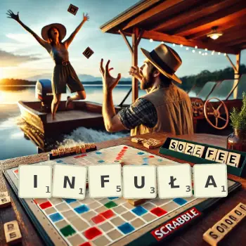 Kreatywna ilustracja do gry w Scrabble ze słowem INFUŁA ułożonym z płytek na planszy.