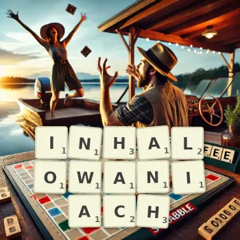 Kreatywna ilustracja do gry w Scrabble ze słowem INHALOWANIACH ułożonym z płytek na planszy.