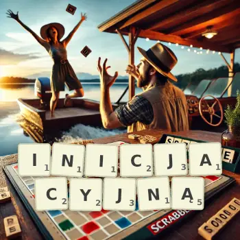Kreatywna ilustracja do gry w Scrabble ze słowem INICJACYJNĄ ułożonym z płytek na planszy.