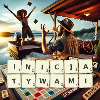 Kreatywna ilustracja do gry w Scrabble ze słowem INICJATYWAMI ułożonym z płytek na planszy.