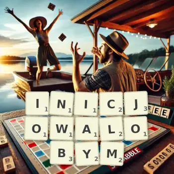 Kreatywna ilustracja do gry w Scrabble ze słowem INICJOWALOBYM ułożonym z płytek na planszy.