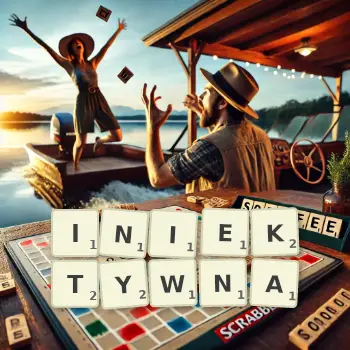 Kreatywna ilustracja do gry w Scrabble ze słowem INIEKTYWNA ułożonym z płytek na planszy.