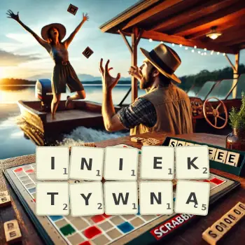 Kreatywna ilustracja do gry w Scrabble ze słowem INIEKTYWNĄ ułożonym z płytek na planszy.
