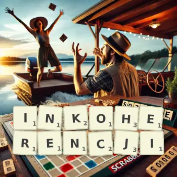 Kreatywna ilustracja do gry w Scrabble ze słowem INKOHERENCJI ułożonym z płytek na planszy.