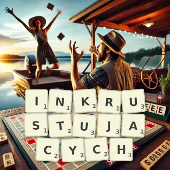 Kreatywna ilustracja do gry w Scrabble ze słowem INKRUSTUJACYCH ułożonym z płytek na planszy.