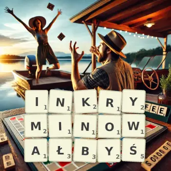 Kreatywna ilustracja do gry w Scrabble ze słowem INKRYMINOWAŁBYŚ ułożonym z płytek na planszy.