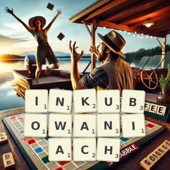 Kreatywna ilustracja do gry w Scrabble ze słowem INKUBOWANIACH ułożonym z płytek na planszy.