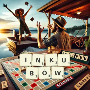 Kreatywna ilustracja do gry w Scrabble ze słowem INKUBÓW ułożonym z płytek na planszy.