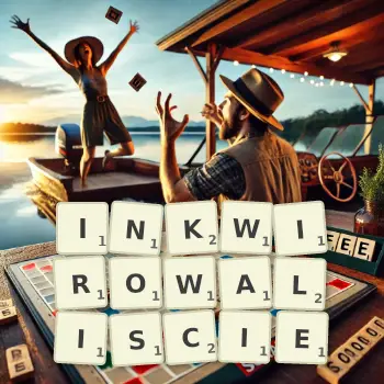 Kreatywna ilustracja do gry w Scrabble ze słowem INKWIROWALISCIE ułożonym z płytek na planszy.