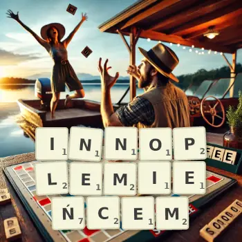 Kreatywna ilustracja do gry w Scrabble ze słowem INNOPLEMIEŃCEM ułożonym z płytek na planszy.
