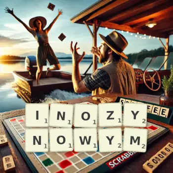 Kreatywna ilustracja do gry w Scrabble ze słowem INOZYNOWYM ułożonym z płytek na planszy.