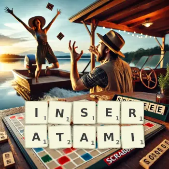 Kreatywna ilustracja do gry w Scrabble ze słowem INSERATAMI ułożonym z płytek na planszy.